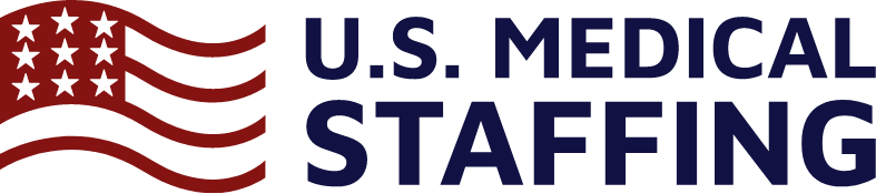 Logo featuring a stylized American flag in red and blue, with the text "U.S. MEDICAL STAFFING" in bold navy letters.