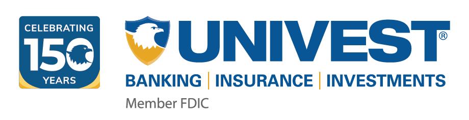 Logo celebrating 150 years of Univest, featuring the text "Banking | Insurance | Investments" and an eagle emblem. Member FDIC.