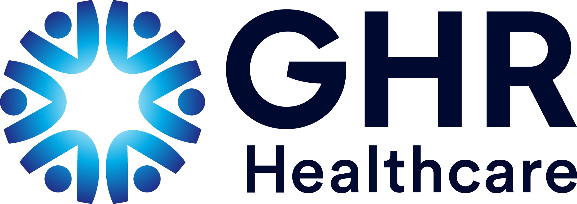 Logo featuring the text "GHR Healthcare" alongside a circular design with stylized human figures in blue gradients.